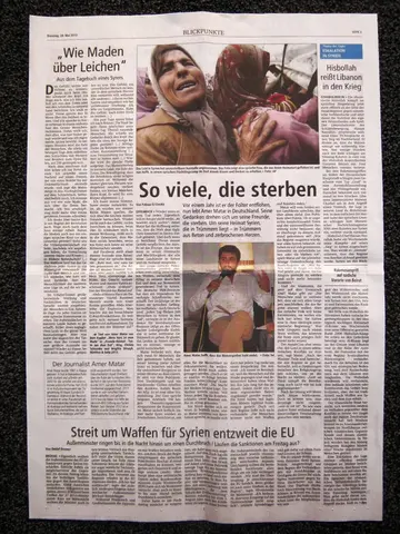 German newspaper page featuring Amer Matar’s writing about Syria from exile